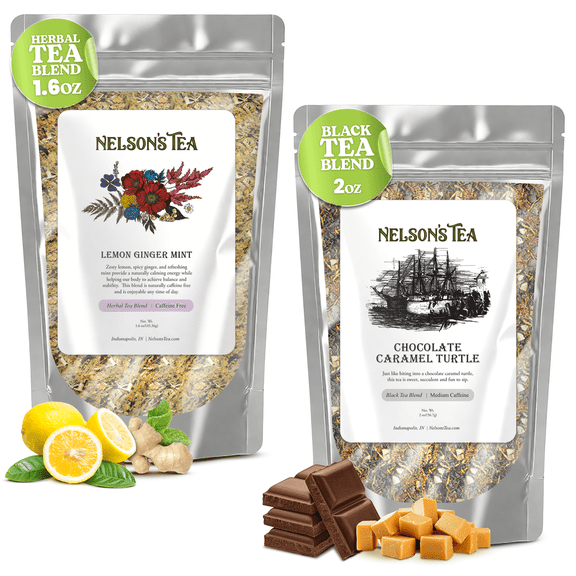 Nelson's Tea Bundle - Chocolate Caramel Turtle (2oz) & Lemon Ginger Honey (1.6oz)-Chocolate Caramel with Red Rooibos, Caramel, Chocolate Chips   Lemon Ginger Honey with Echinacea, Ginger, Lemongrass