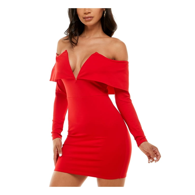 BEBE Womens Red Zippered Long Sleeve Off Shoulder Short Party Body Con Dress XL