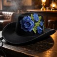 thumbnail image 3 of EOYWHK Men Western Rose Embroidered Cowboy Hat Wide Brim Felt Cowgirl Hat with Adjustable Chin Strap for Western Party Costume, Blue, 3 of 5