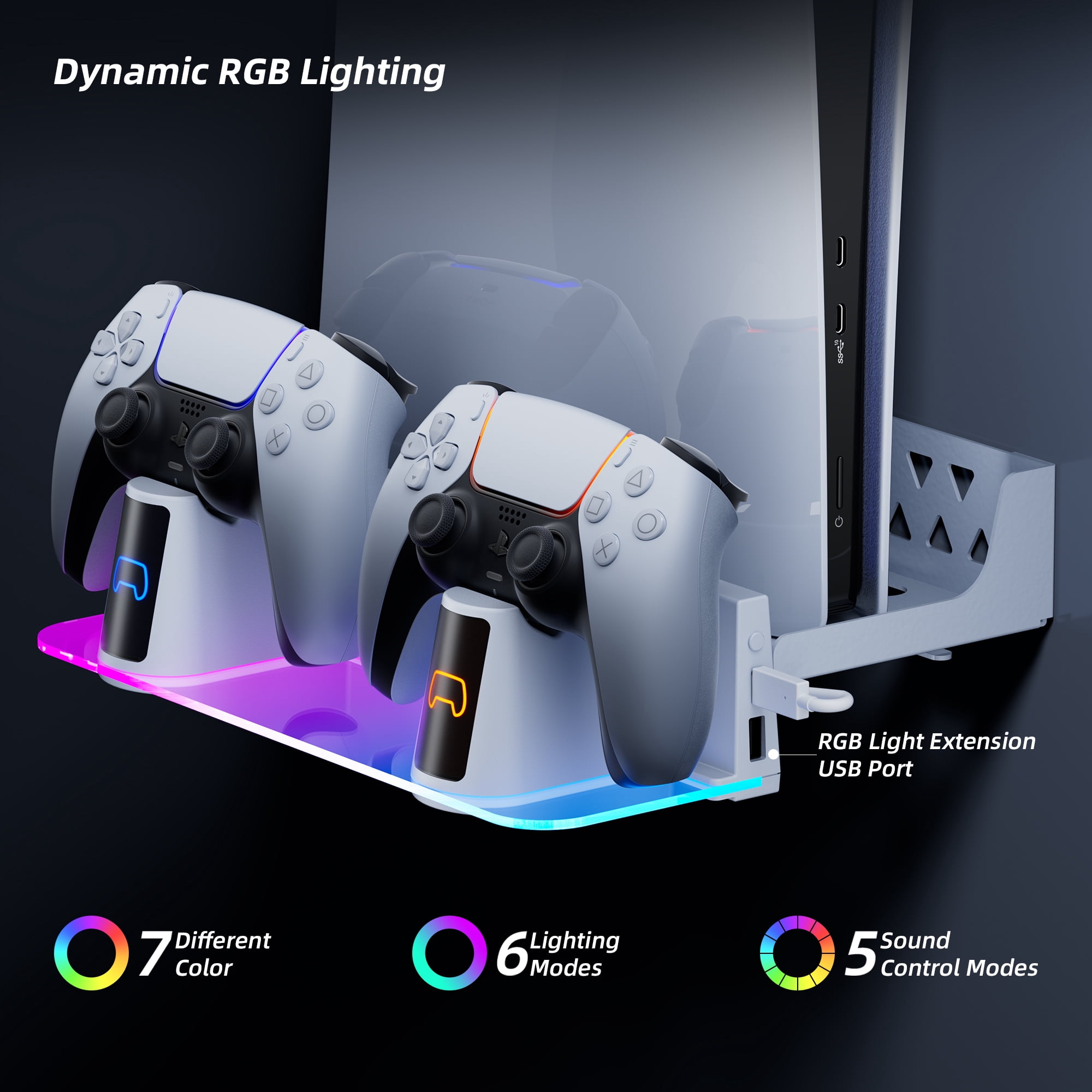 PS5 RGB Wall Mount Kit with Dual Charging Station, Shelf Mount Compatible with Both PS5 and New PS5 Slim Consoles, Wall Hanging Stand for Playstation 5 Accessories with Headset Holder
