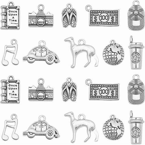 1 Box 60Pcs 10 Styles Road Trip Charms Silver Travel Charms Tibetan Alloy Metal Dog Dollar Book Camera Slippers Car Charms for Jewelry Making Charms DIY Crafting Necklace Bracelet Earring