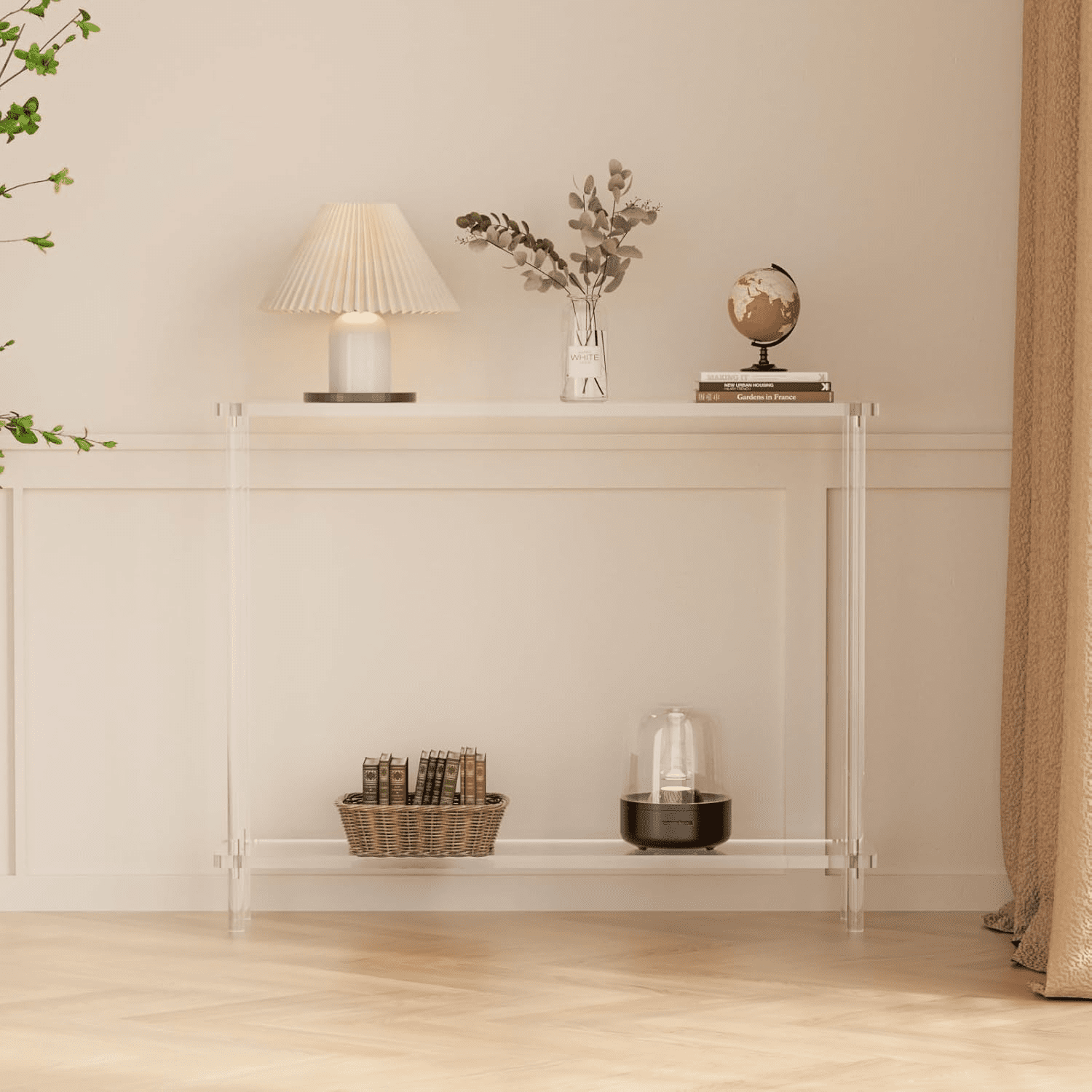 Acrylic Narrow Console Table for Entryway, 7.6" D x 39.4" W x 29.9" H, Square Legs, Skinny Entry Table for Sofa, Foyer, Hallway, Living Room, Modern, 2-Tier, Clear