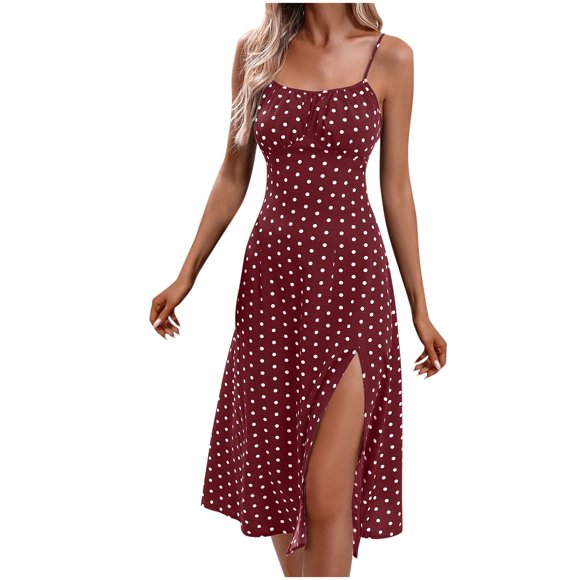 Birdeem Dresses for Women Ladies Summer Fashion Sexy Hanging Strap Split Printed Round Neck Dress