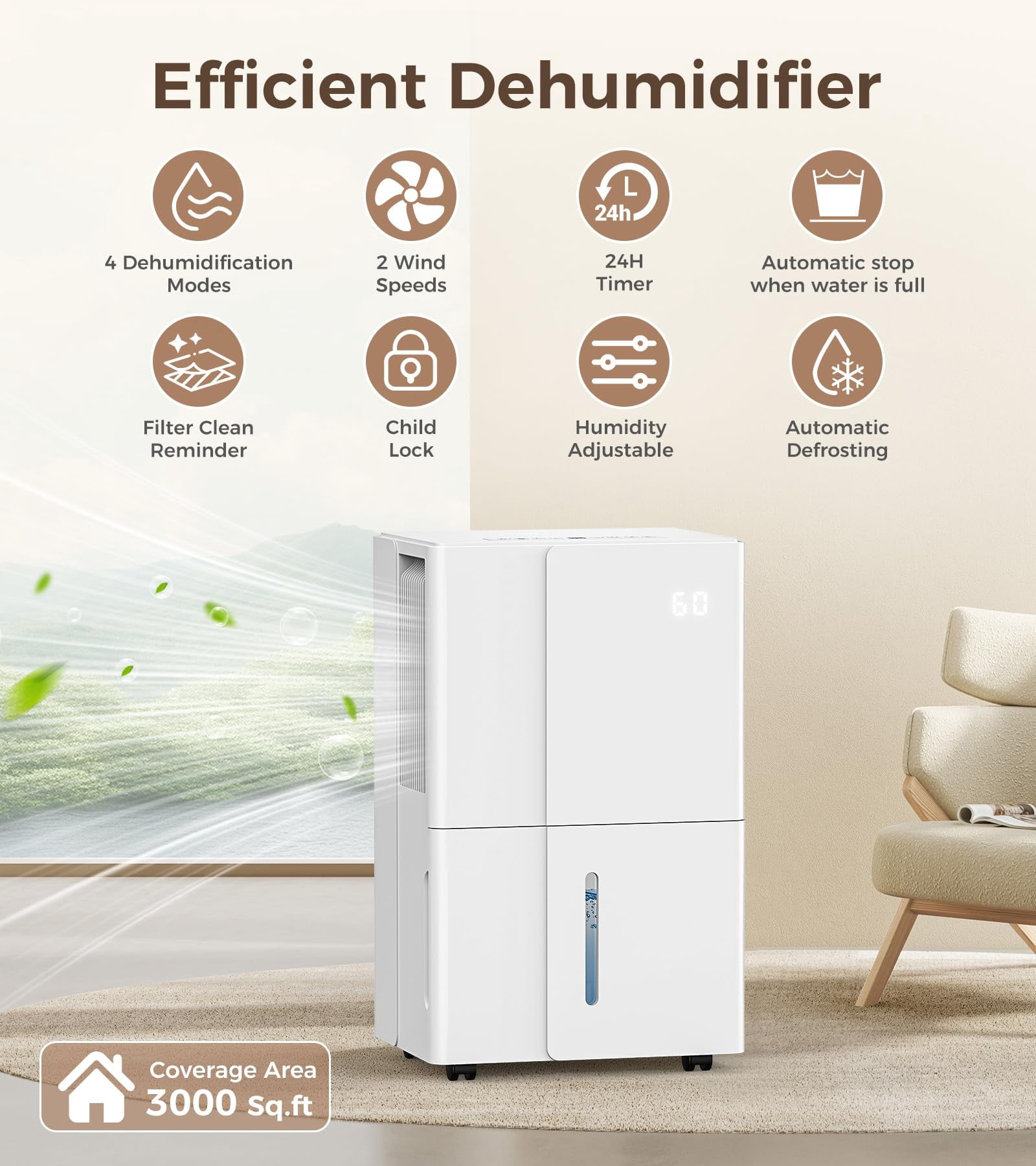 KISSAIR 50 Pint Home Dehumidifier with Drain Hose, 2100 sq ft Coverage Area with Auto Defrost, Energy Star, 24h Timer, Basement/Laundry Room/Bedroom