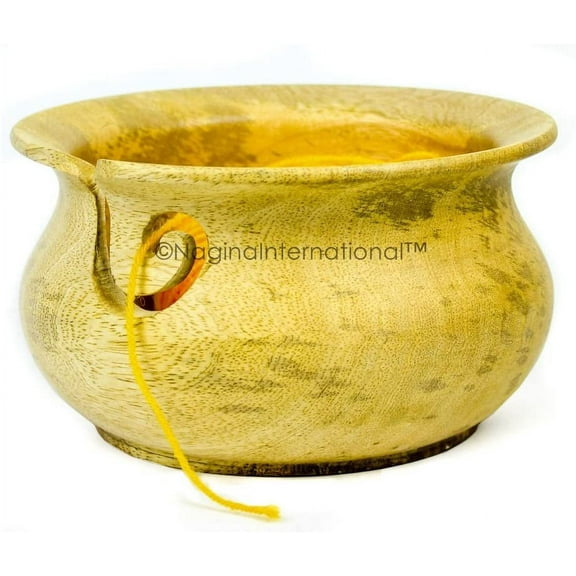 Nagina International Large Mango Wood Crafted Premium Yarn Storage Bowl With Innovative Dispenser Curl | Pot Styled Bowl For Yarn Storage & Holder