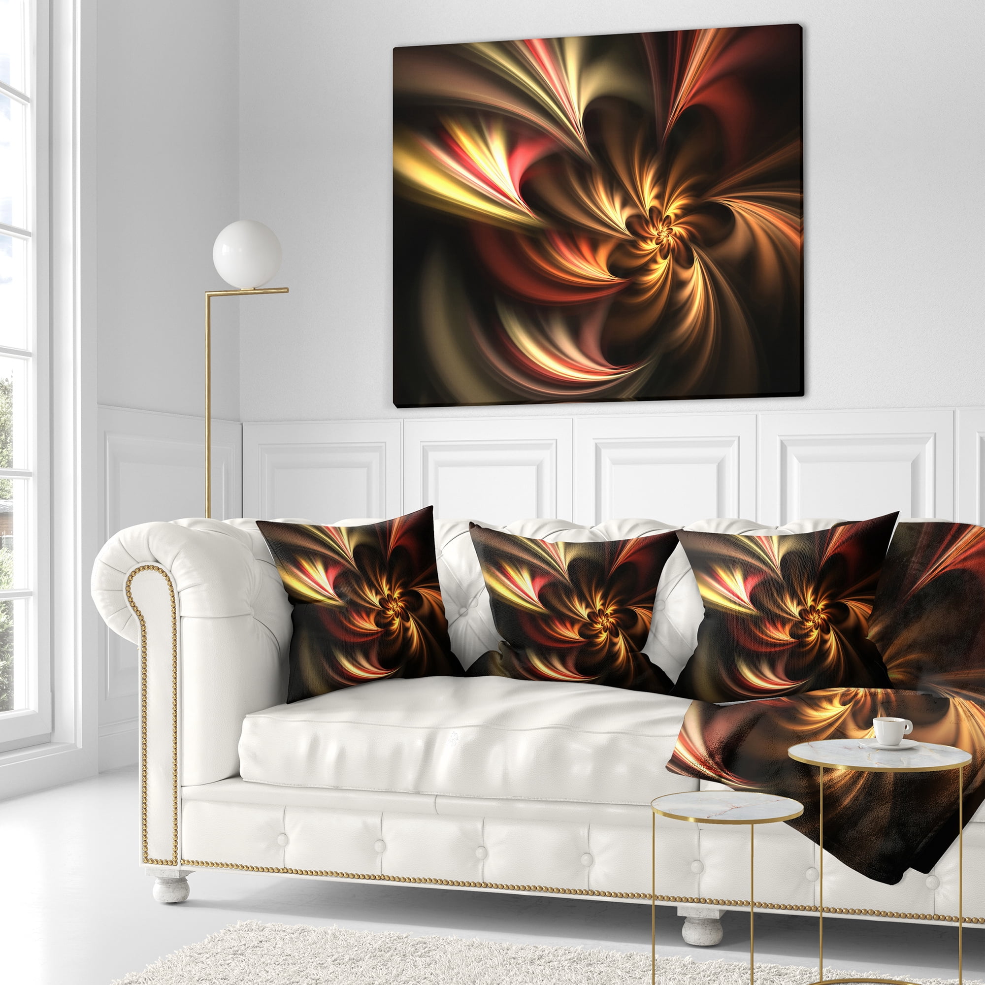 Designart Glossy Yellow and Red Fractal Flower - Floral Throw Pillow - 16x16