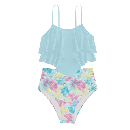 Curuila Teen Kids Girls Two Piece Swimsuit High Waist Floral Print Crew Neck Straps Ruffle Bikini Set Comfortable Casual Swimwear For Swim Beach Sky Blue1 Size 10-11 Years