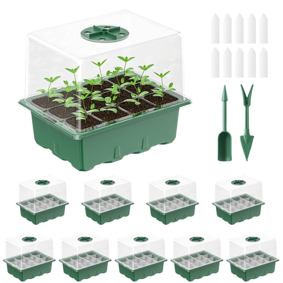 Pawfly Plateaux de Démarrage de Semis, Lot de 10, avec Dômes d'Humidité de 4 Pouces, 120 Alvéoles au Total + Outils de Plantation et Étiquettes, Germe de Semis d'Intérieur Réutilisable