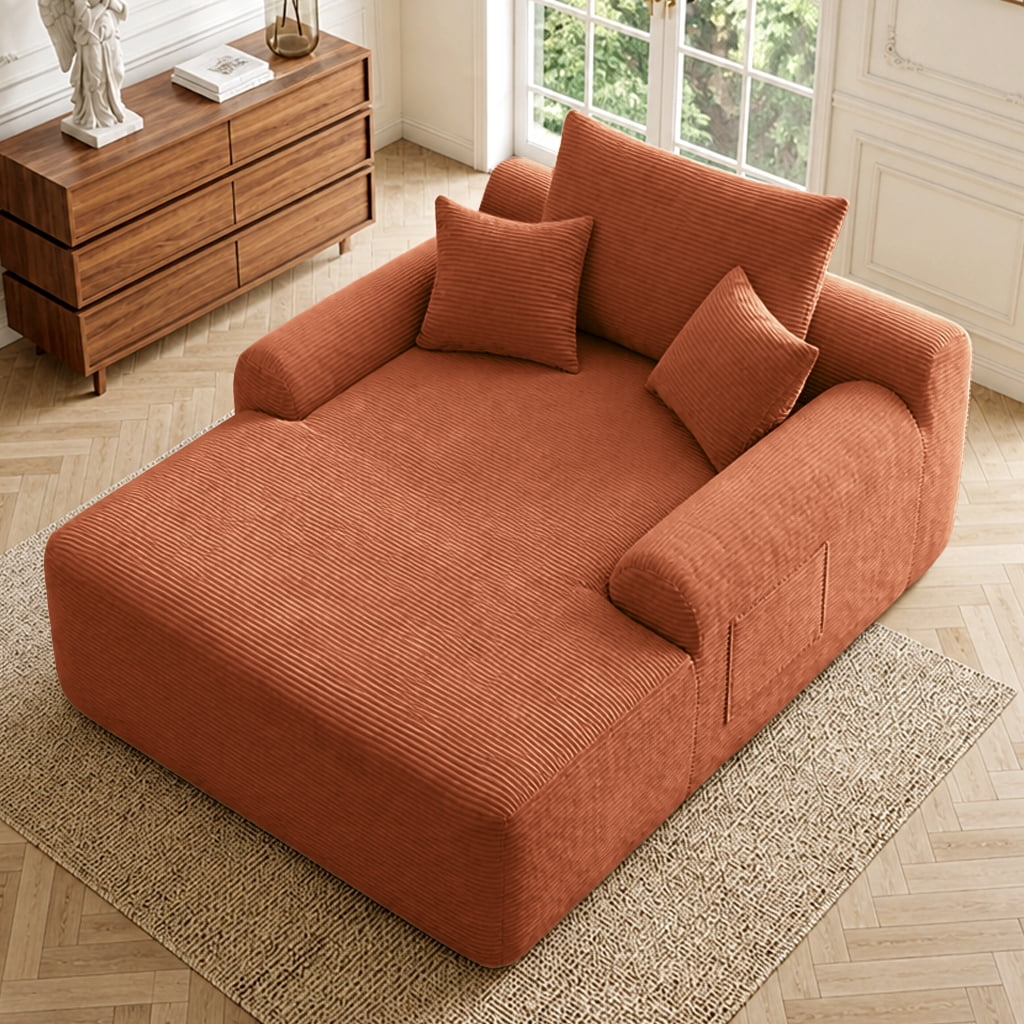 Howcool 65" Oversized Chaise Lounge Chair, Corduroy Boneless Sleeper Sofa Bed with Wide Armrest & Throw Pillows, Deep Seat Lounge Chair for Living Room, Bedroom & Apartment,Orange