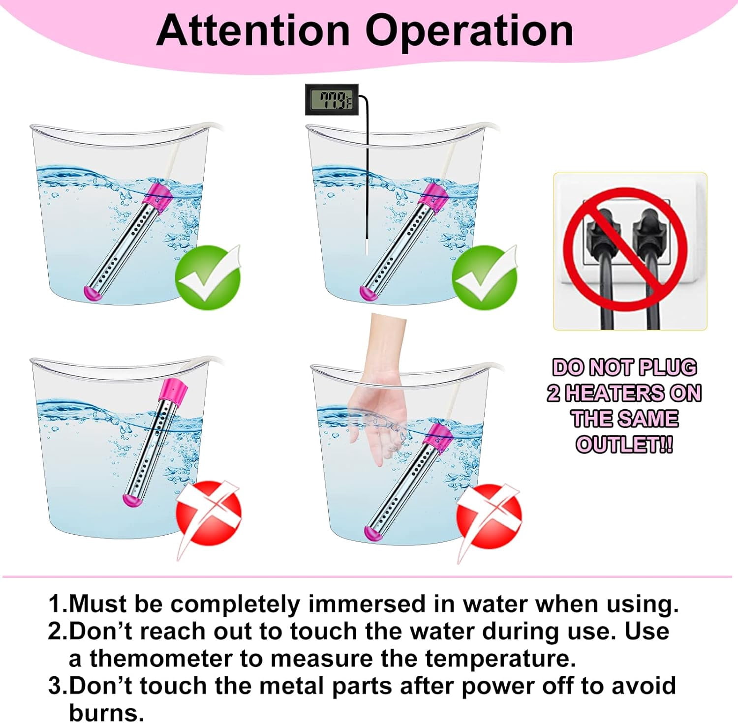 DICEEVIL Immersion Water Heater, 2000W Portable Bucket Heater with Timer Digital Thermometer Stainless-Steel Portable Submersible Water Heater for Inflatable Pool Bathtub, Basin, Pink