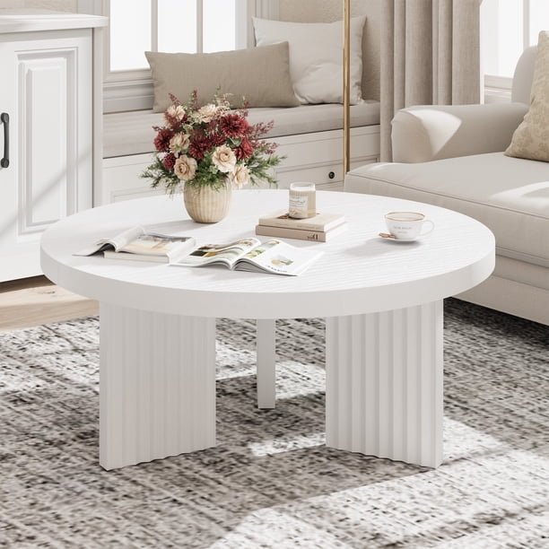 Mesa de centro redonda de 85 cm moderna - Tablero grueso de 3,3 cm y patas acanaladas - Auxiliar para sala o dormitorio - Fácil montaje - Color: 8211-YC blanco frío texturizado