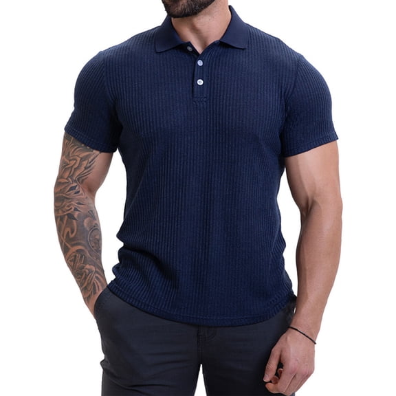 Eltusu Men's Polo Shirts, Turn Down Collar Short Sleeve Casual Pullover Summer Shirts Dark Blue Size XL