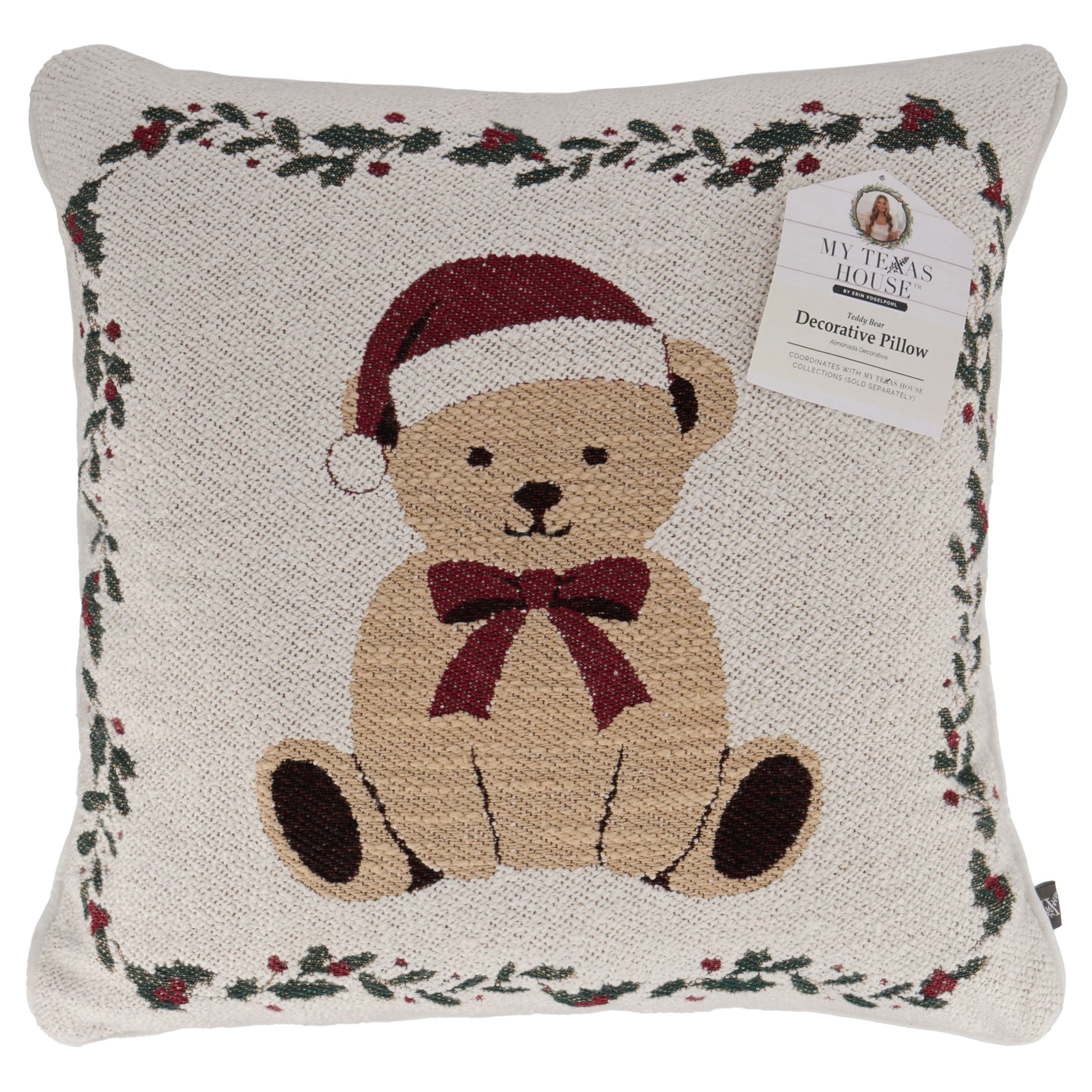 My Texas House Teddy Bear Decorative Christmas Pillow, Multicolor, 18" x 18"