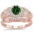 thumbnail image 2 of 2.25 Carat Green Emerald 6mm Round Cut Vintage Floral Bridal Set Moissanite Diamond Engagement Ring on 10k Rose Gold, 2 of 3