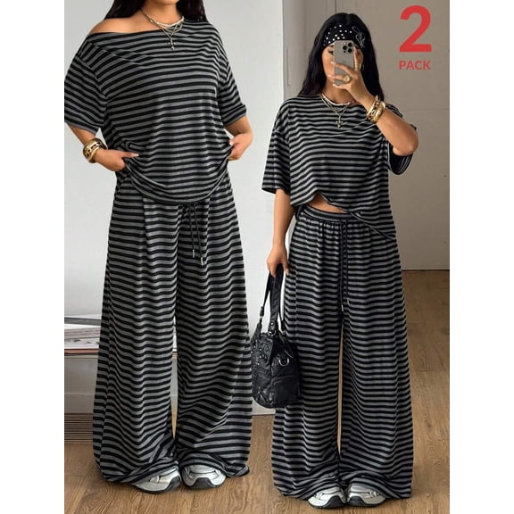 Women's Plus Size Off Shoulder T-Shirt & Wide Leg Sweatpants 2-Piece Casual Sport Streetwear Set