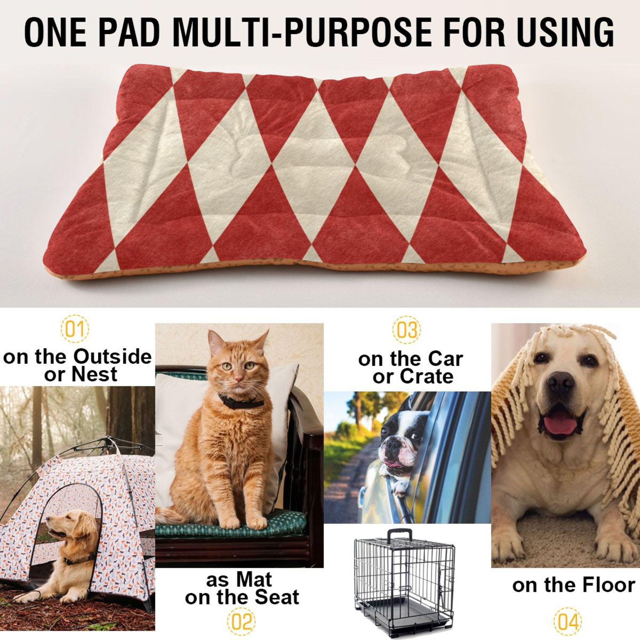 Cozy Mat Pet Bed Indoor Outdoor Warm Soft For Cat Dog Puppy(S/M) Red&white Harlequin Pattern