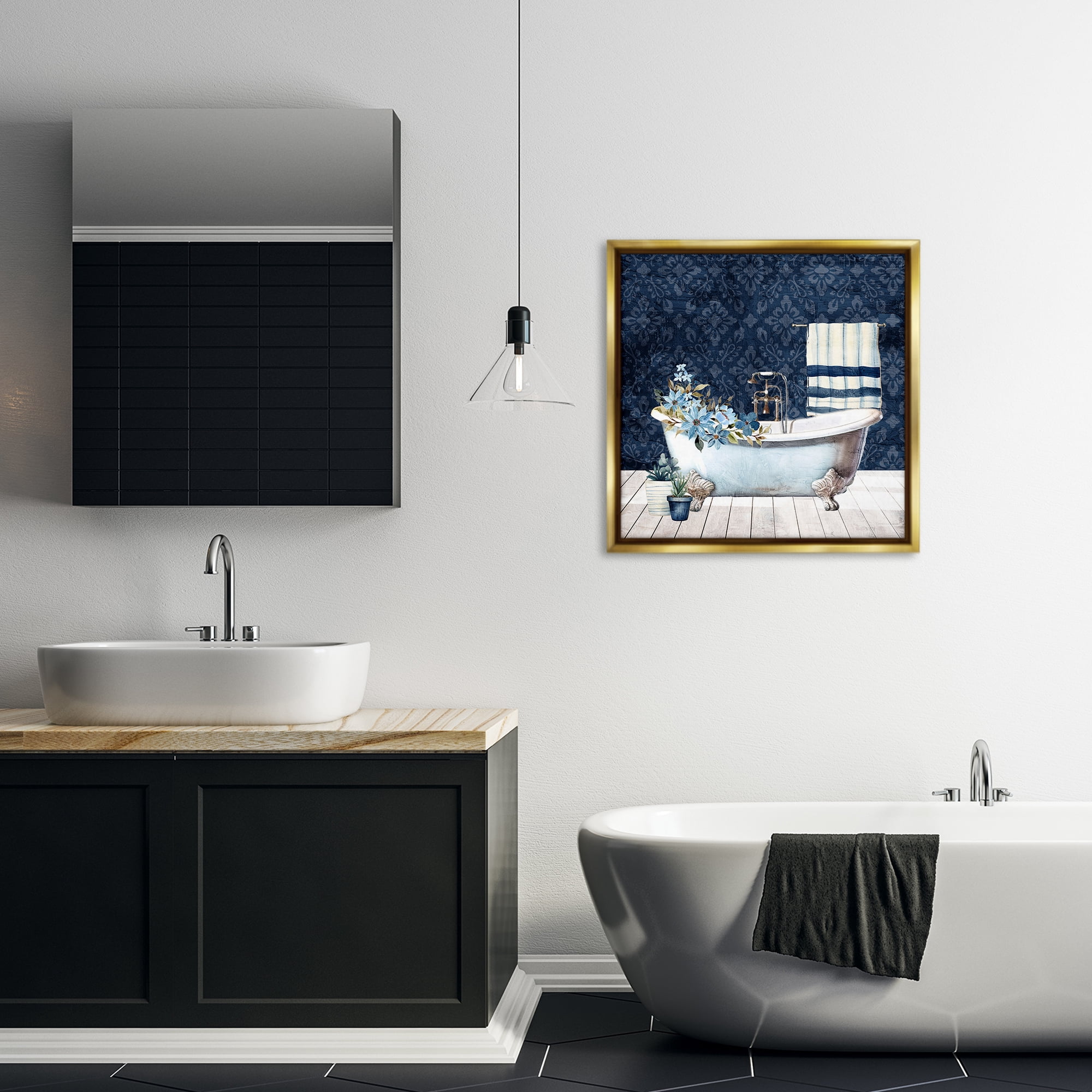 Stupell Industries Blue Damask Bathroom Bath & Laundry Painting Gold Floater Framed Canvas Art Print Wall Art, 25 x 25