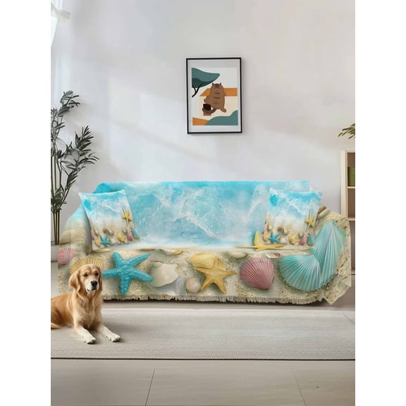 Blue Summer Beach Couch Cover, Coastal Starfish Shell Nautical Waves Sofa Cover Blanket for Loveseat Couches, Sectional Sofa Slipcover Furniture Protector for Living Room Bedroom 71''x118''