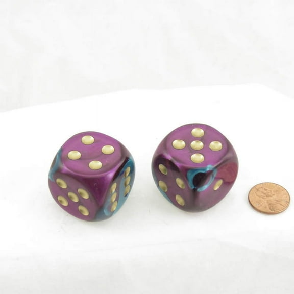 Purple and Teal Gemini Dice with Gold Pips 30mm (1.18in) D6 Pack of 2 Wondertrail