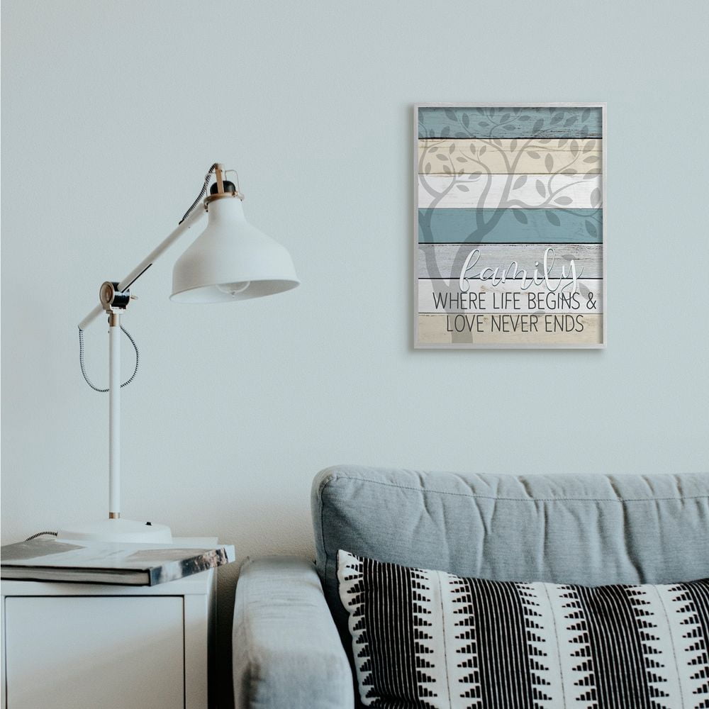 Stupell Industries Family Begin and End Quote Tree Wood Grain Blue Tan Phrase Framed Wall Art Design by Kim Allen, 16" x 20", Gray Framed