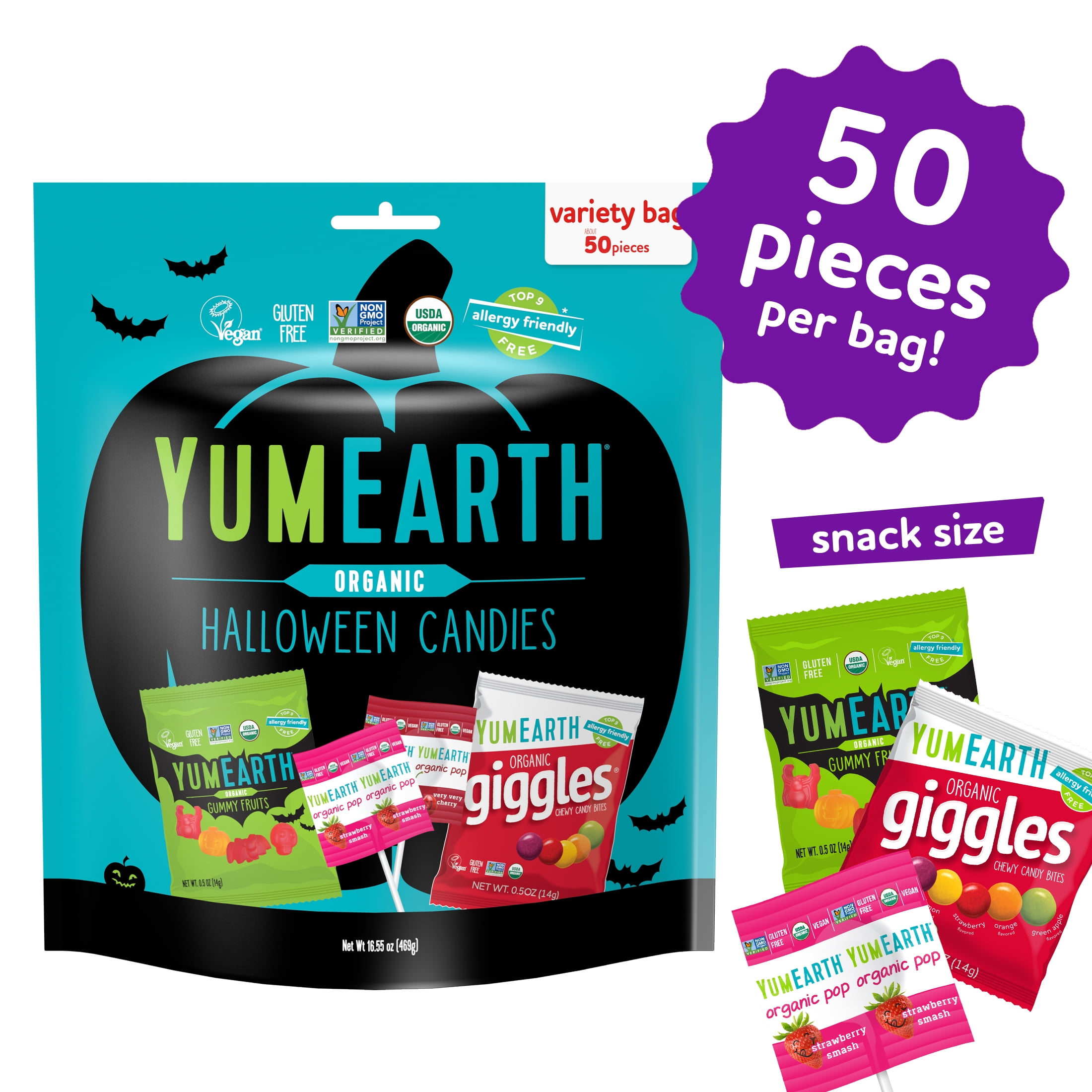 Yumearth Organic Halloween Candy Variety Bag - 50 Count, Allergen-Free Treats