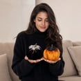 thumbnail image 4 of Orange Flocked Velvet Pumpkin Figurine 3.9 Inch Glitter Gradient Artificial Pumpkins Tabletop Ornament for Halloween Fall Table Decor, 4 of 7