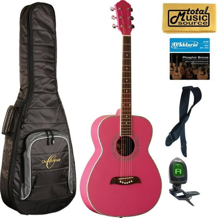 Oscar Schmidt Folk Style Acoustic Guitar, Select Spruce Top, Pink, OF2P Gigbag Bundle, OF2P BAGPACK