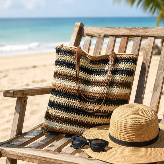 Homellea Striped Woven Tote Bag for Women, 15.4 Inch Summer Straw Look Shoulder Bag with Brown Handles for Beach, Vacation, Travel, Shopping, Pool, Work, Resort and Casual Daily Outfits