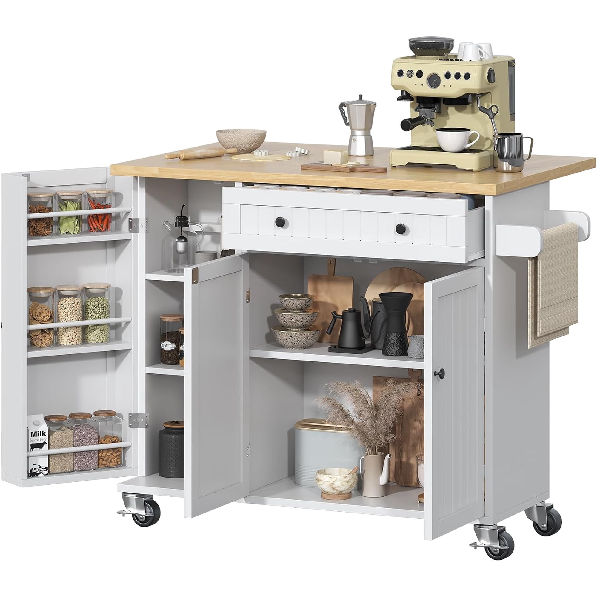 Kitchen Island with Drop Leaf Island Table on Wheels with Storage Cabinet Modern Sideboard Buffet with Doors Rolling Kitchen Island Cart for Dinning Room White
