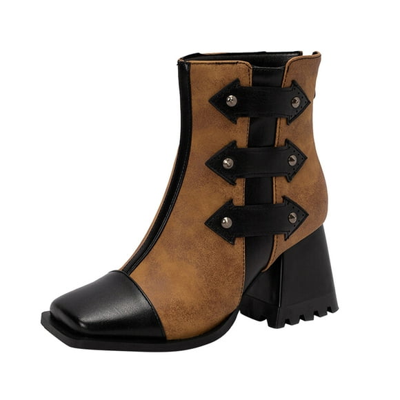 Bmisegm Ladies Fashion Colorblock Snake Print Square Toe Back Zip High Heel Booties Shoes Boots for Women Brown 6.5