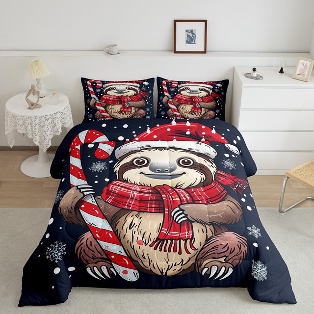 Sloth Ensemble de Douillette Chapeau de Père Noël Faune Mignonne Ensemble de Courtepointe de Lit, Ensembles de Literie Grand Bonbons de Noël, Insert de Couette Flocon de Neige de Noël Décorations de Noël