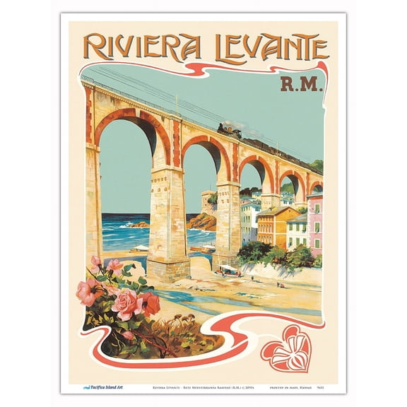 Riviera Levante - The Italian Riviera - Rete Mediterranea Railway (R.M.) - Vintage Railroad Travel Poster c.1890s - Master Art Print (Unframed) 9in x 12in