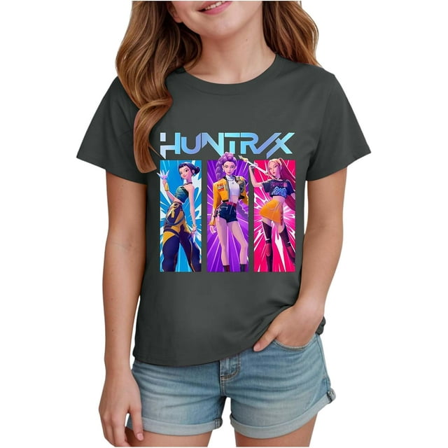 K pop Demon Chandail pour Filles, T-Shirt Graphique Mignon avec Dessin Animé, T-Shirt Tendance et Drôle, Chandail pour Enfants, Hauts Roses, Manches Courtes, Col Ras du Cou
