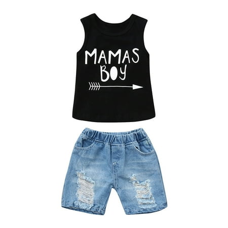 

Toddler Baby Boys Letter Print Vest Tops+Hole Denim Jean Shorts Outfits