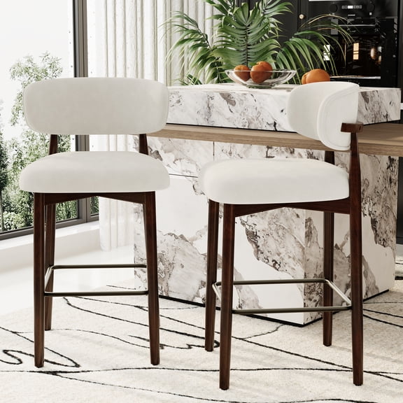 26 Inch Linen Fabric Upholstered Counter Height Bar Stools with Backrest Wood Leg Metal Footrest Modern Bar Chairs for Kitchen Island Dining Room Bar, Beige, Set of 2