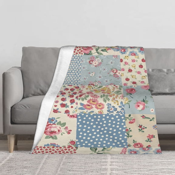 Vintage Floral Patchwork Flannel Throw Blanket, 280GSM Soft Cozy Warm Plush Fleece Blanket for Couch Sofa Bed, Cute Shabby Chic Rose Polka Dot Printed Blanket