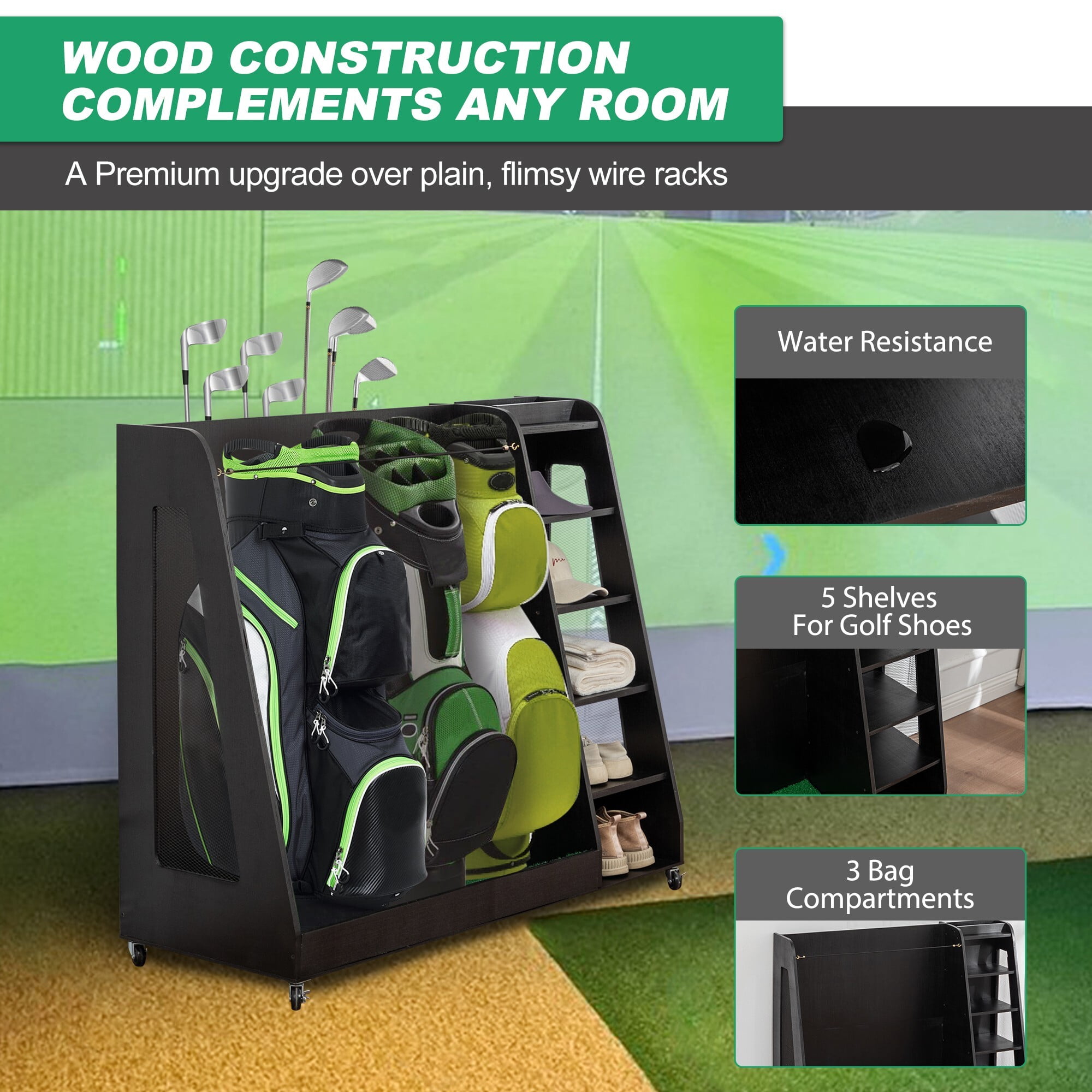 AENKYO Golf Bag Storage Rack Holds 3 Bags & 14 Clubs, with Shoe & Ball Storage, Sturdy Wood Sports Organizer, Black