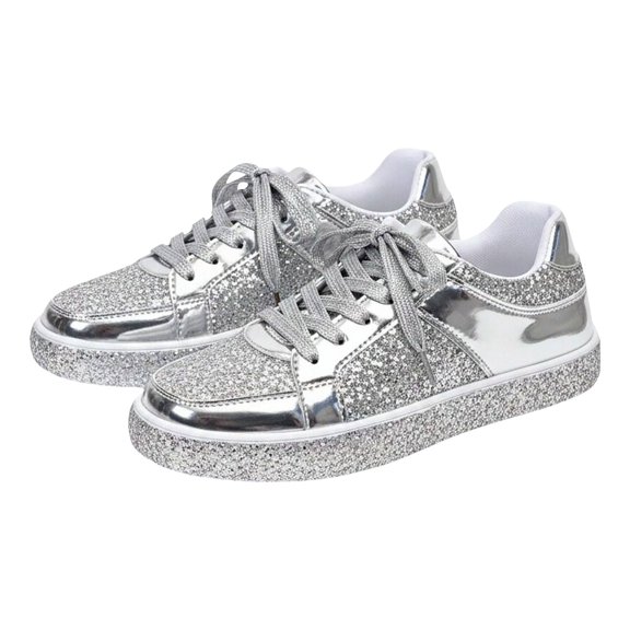 NOKIO Women's Glitter Sneakers Sparkly Shiny D𝗋essy Walking Shoes Fashion Breathable Athlet𝗂c Shoes 𝖫a𝖼e Up Platform Sneakers Comfortable Soft Sole Sport Shoes for Pa𝗋t𝗒 Wedding