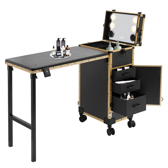 Portable Rolling Manicure Table for Nail, Foldable Traveling Nail Desk w/Storage, Mobile Nail Table w Adjust Light 3 Drawers Storage, Makeup Train Case Cosmetic Trolley (Black)
