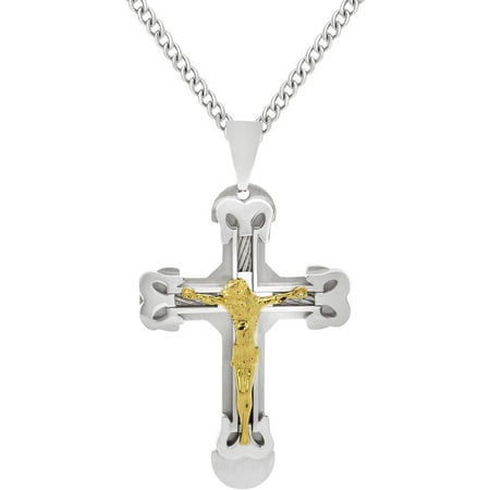 AMERICAN STEEL STAINLESS STEEL JEWELRY CROSS WITH CABLE INLAY AND GOLD IP PLATED JESUS RELIGIOUS CRUCIFIX PENDANT NECKLACE INSPIRATIONAL WITH CHAIN
