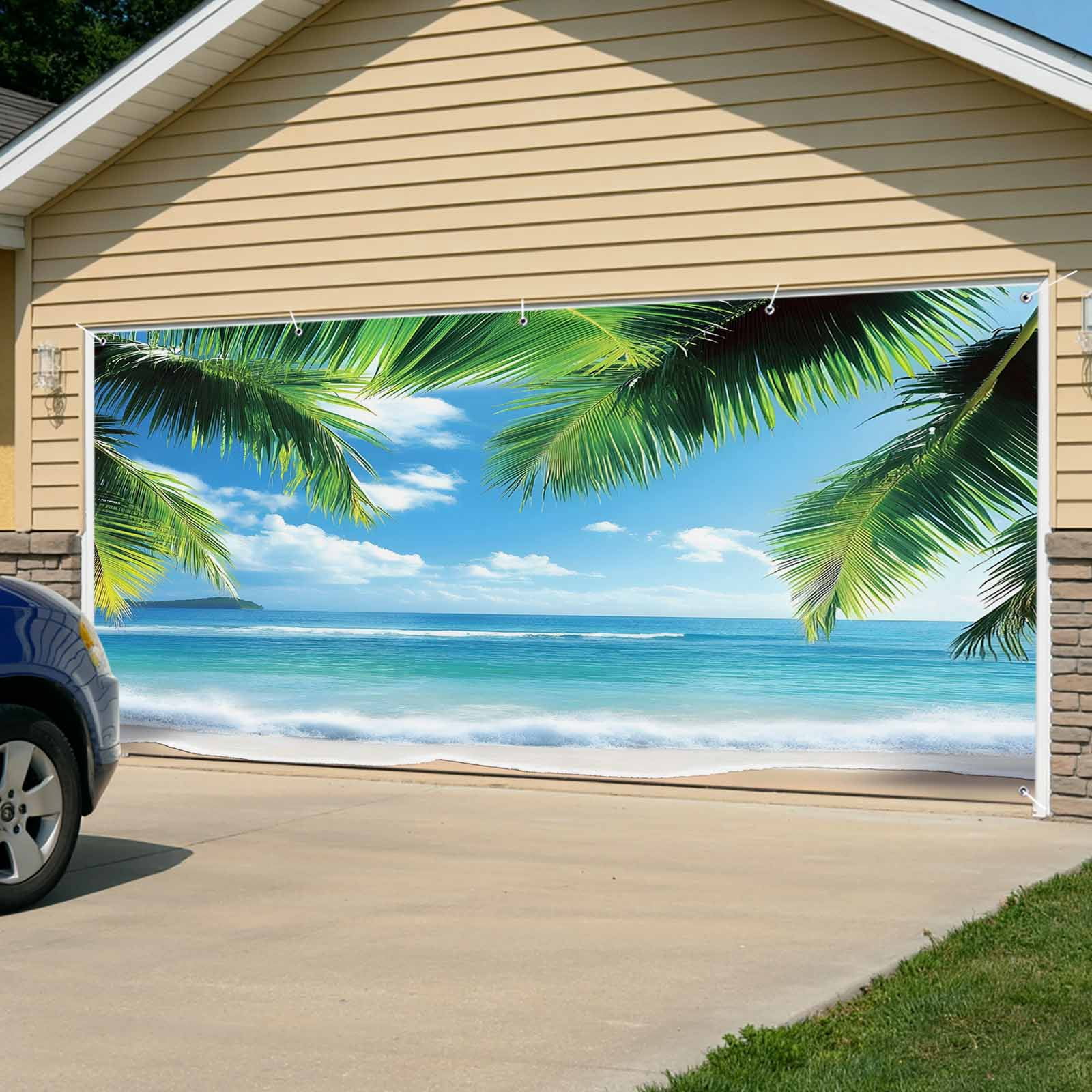 Beach Ocean Waves Garage Door Cover Banner 7 x 16 FT, Summer Tropical Palm Tree Leaves Garage Door Curtains Backdrop with Grommets for Indoor Outdoor Wall Party Porch Yard Decorations Background