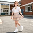 thumbnail image 2 of Girls Uniform Outfit Short Sleeve Puff Sleeve Collared Shirt Plaid Pleated Skirt Set 2 Piece Yellow 3-4 Years, 2 of 6