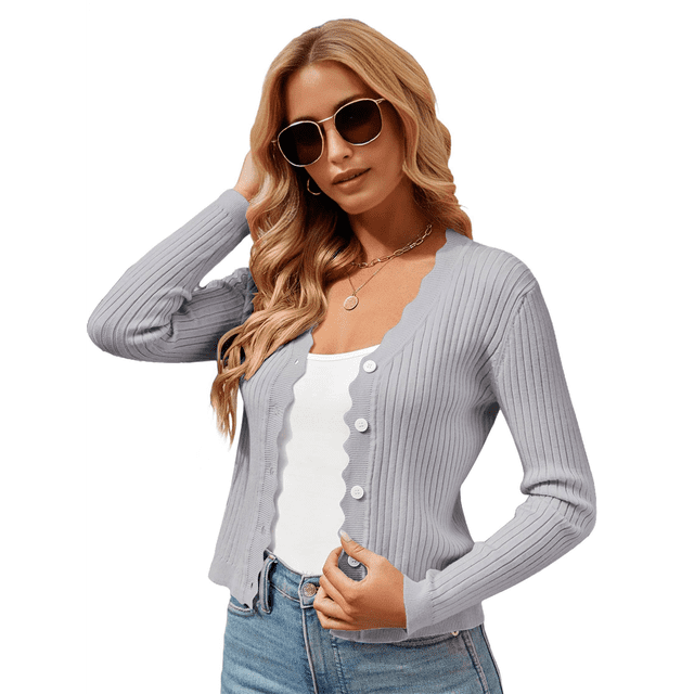 Cárdigan de Punto con Cuello en V, Larga y Botones para Mujer, Gris, Talla S