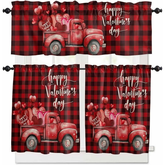 Valentine Kitchen Curtains and Valances Set, Rod Pocket Curtains Tier Farmhouse Window Curtains 24 Inch Length, Truck Love Heart Red Black Buffalo Plaid 3 Piece Kitchen Curtains Set