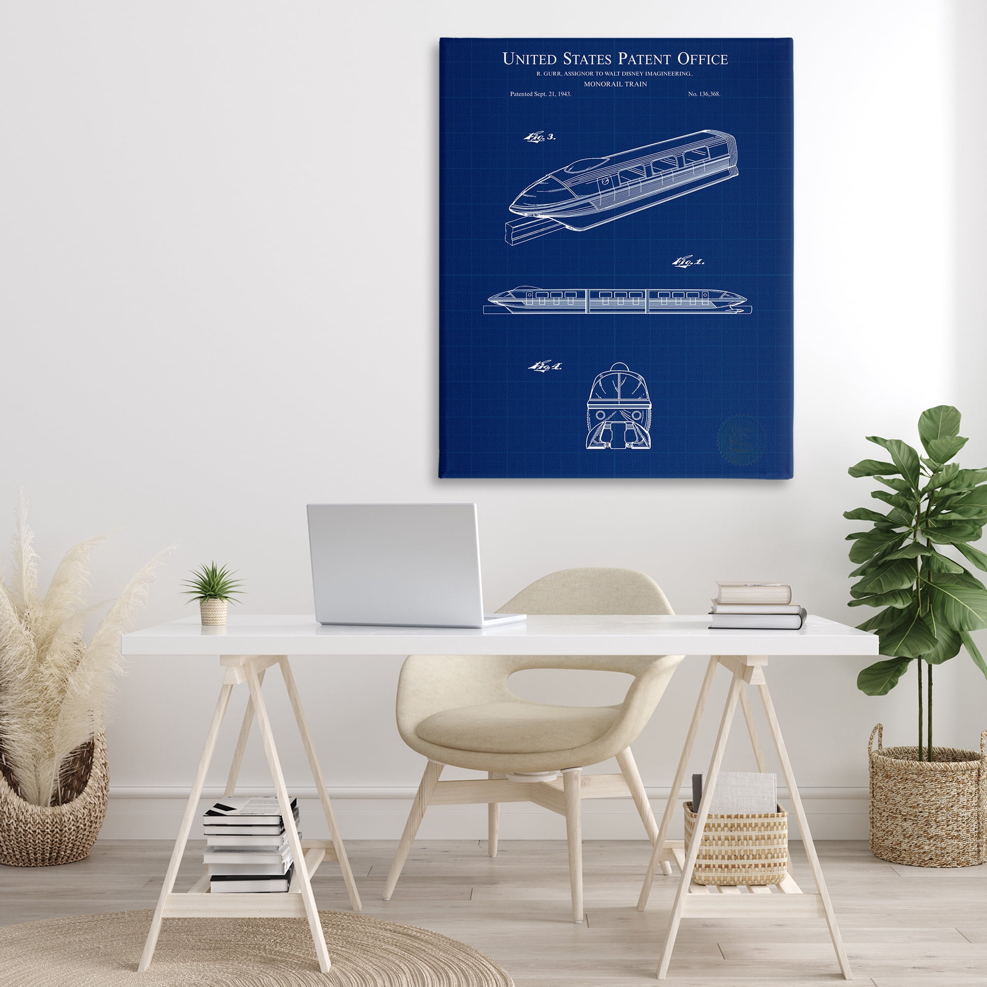 Stupell Industries Monorail Train Blueprint Transportation Painting Gallery Wrapped Canvas Art Print Wall Art, 36 x 48