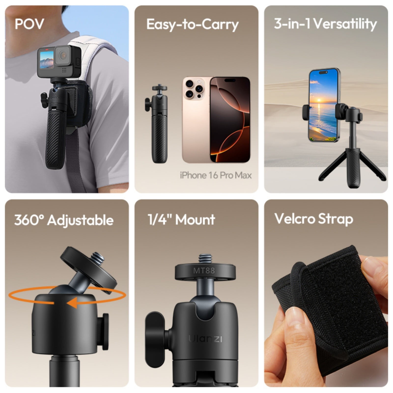 Ulanzi MT88 ClipMate Tripod 3-in-1 Versatility Backpack Clip Mode Selfie Stick Mode Extendable Tripod Mode with 360° Ball Head