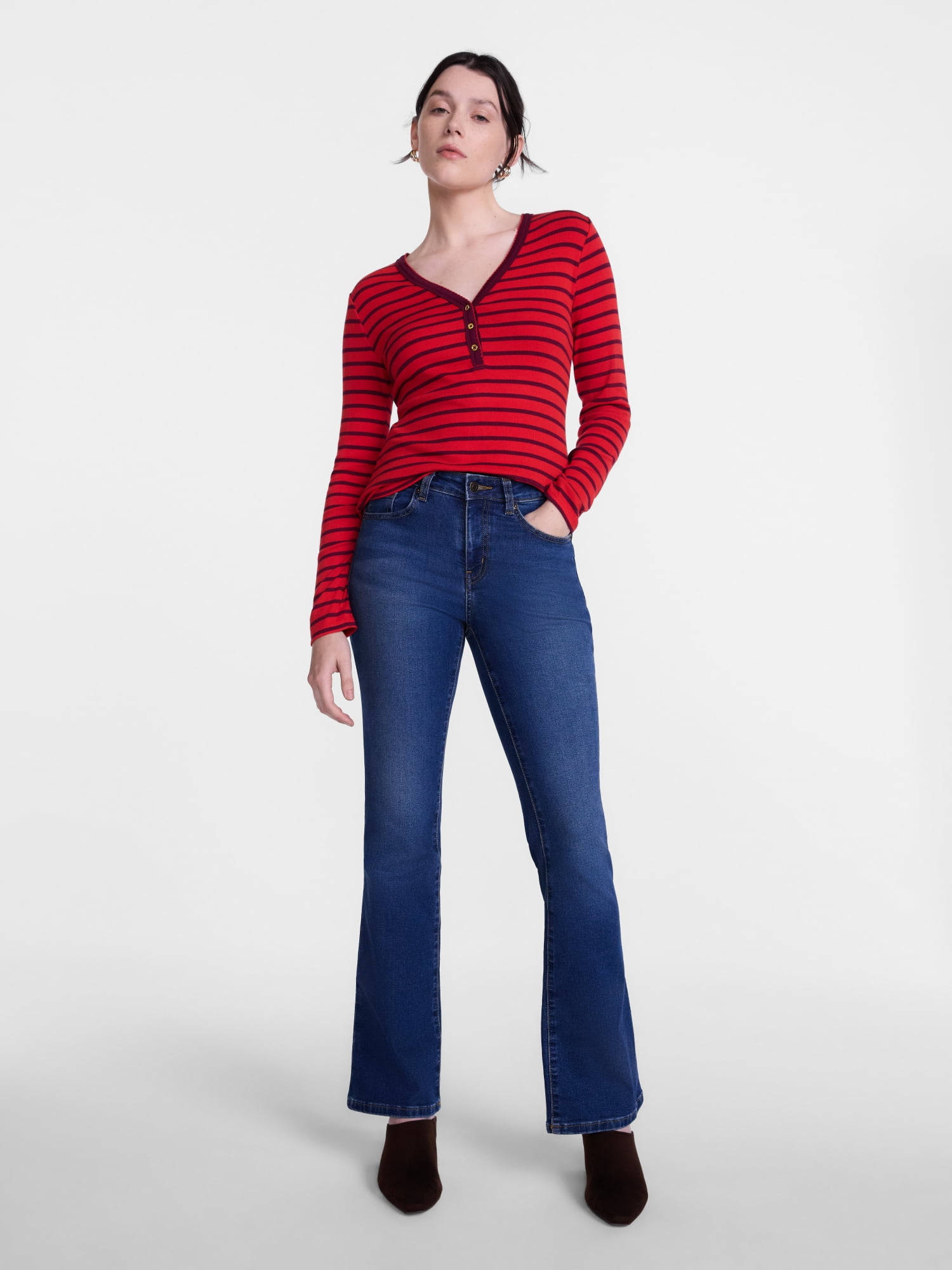 Scenario Women's and Women's Plus Striped Henley Shirt with Long Sleeves, Sizes XS-4X