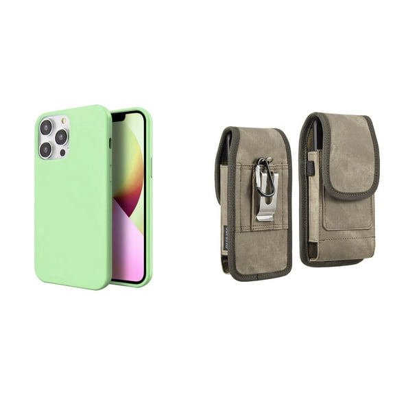 Slim Silicone Case and Belt Holster Pouch for iPhone 14 Pro Max (Mint Green/Brown)