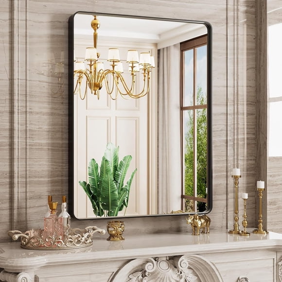 22x31 Inch Black Bathroom Mirror, Rounded Rectangle Matte Framed Wall Mounted Mirror, Bathroom Vanity Mirror, Tempered Glass, Anti-Rust, Horizontal/Vertical...