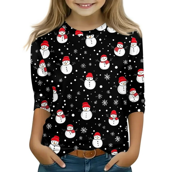 Garbnen Christmas Kids Shirt 3/4 Sleeve Fall Round Neck Shirts Teen Girls Three Quarter Sleeve Xmas Teen Clothes Girls 5-6 Years
